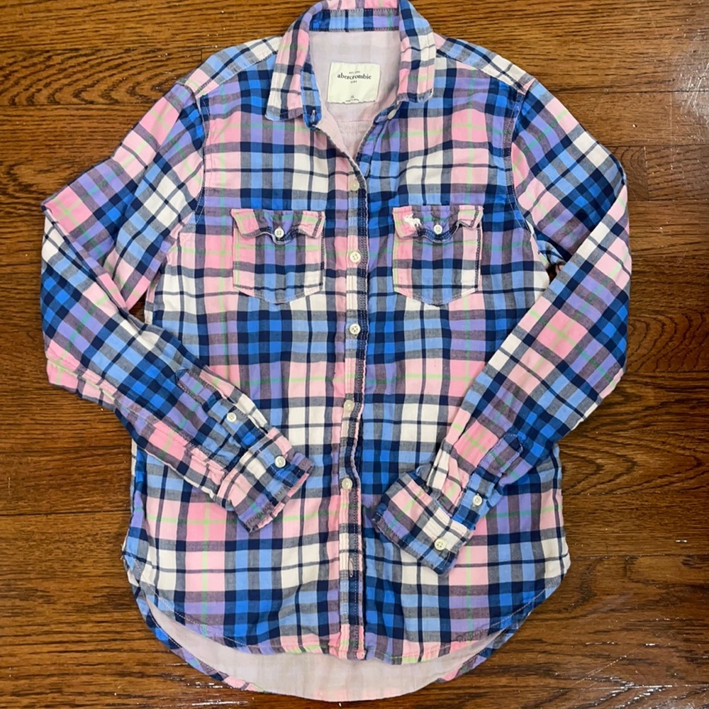 Abercrombie XL girls plaid cotton button down pink